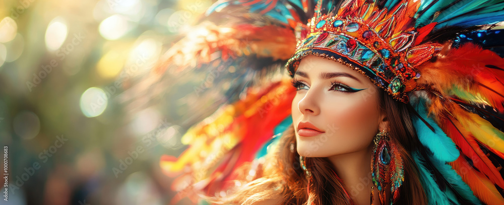 Beautiful native woman in a colorful feather headdress and ethnic costume, close-up portrait, looking at the camera Beautiful native woman in a colorful feather headdress and ethnic costume, close-up portrait, looking at the camera