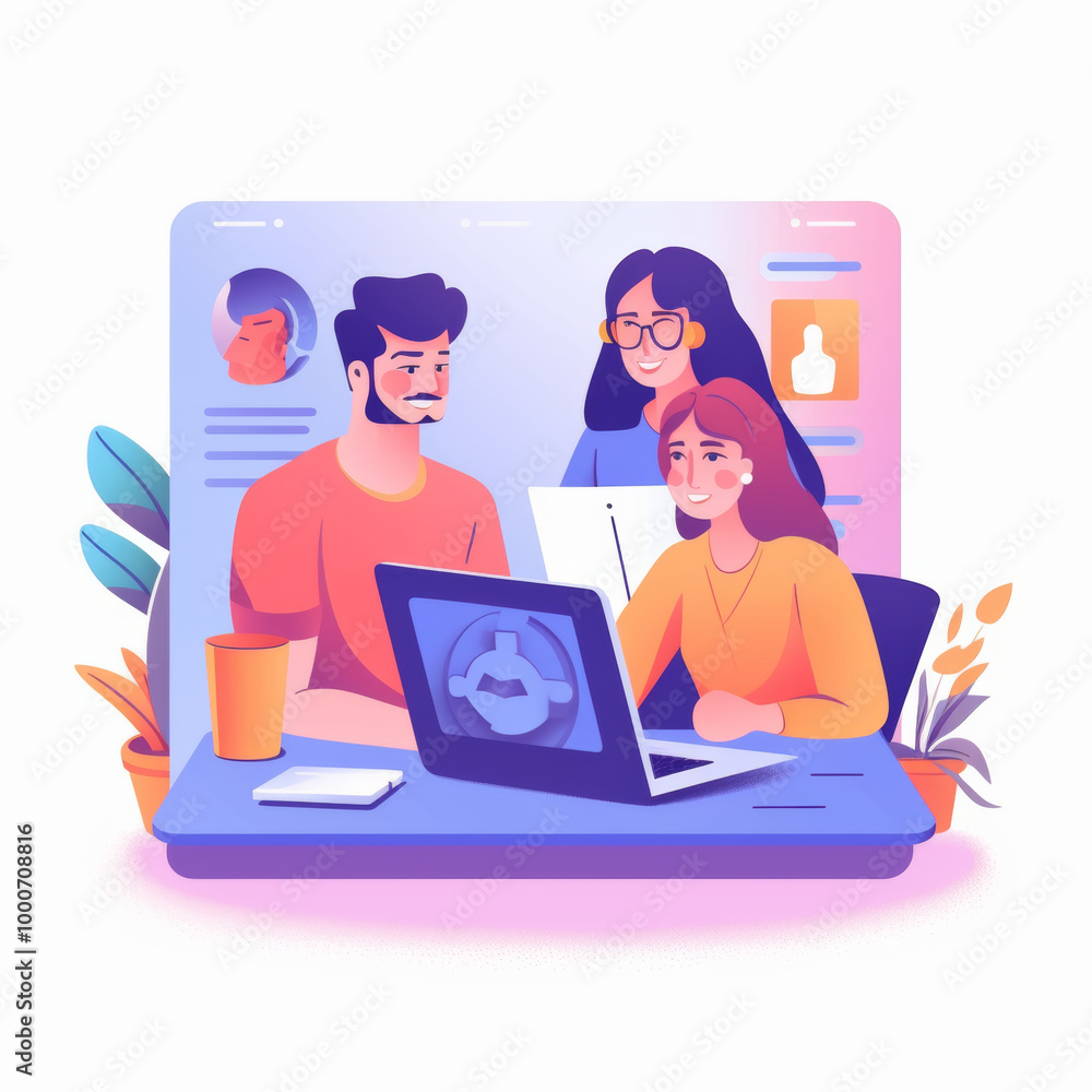 Creative teamwork in modern workspace, featuring three individuals collaborating on project with laptop. vibrant colors and digital elements enhance atmosphere of innovation and productivity Creative teamwork in modern workspace, featuring three individuals collaborating on project with laptop. vibrant colors and digital elements enhance atmosphere of innovation and productivity