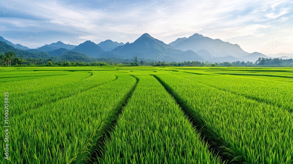 Lush green rice fields with majestic mountains in the background Lush green rice fields with majestic mountains in the background
