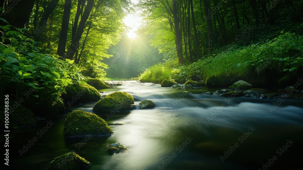 Obraz premium Serene forest stream with sunlight filtering through trees