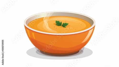 Creamy orange soup served in a bowl, garnished with fresh herbs, showcasing a cozy meal in a minimalist style