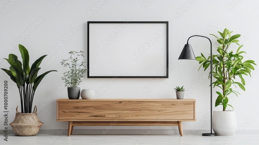 Modern living room setup with plants and blank wall art Modern living room setup with plants and blank wall art