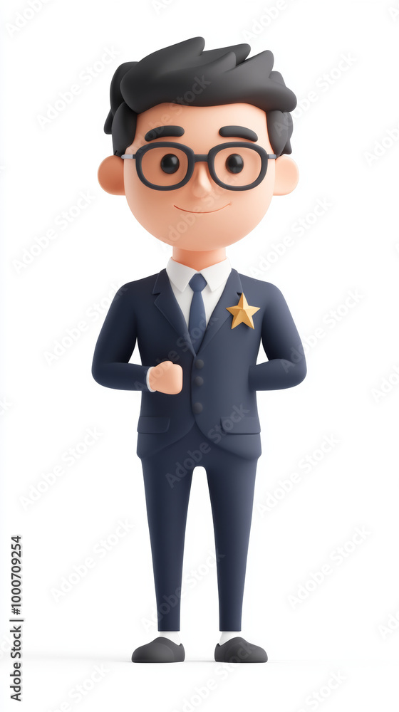 A cheerful cartoon character in suit with glasses and star badge, exuding confidence and professionalism. This character represents authority and friendliness in playful design A cheerful cartoon character in suit with glasses and star badge, exuding confidence and professionalism. This character represents authority and friendliness in playful design