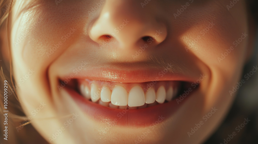 A close up of smiling woman showcasing her bright, white teeth and joyful expression. warm lighting enhances cheerful mood, highlighting her happiness and confidence A close up of smiling woman showcasing her bright, white teeth and joyful expression. warm lighting enhances cheerful mood, highlighting her happiness and confidence