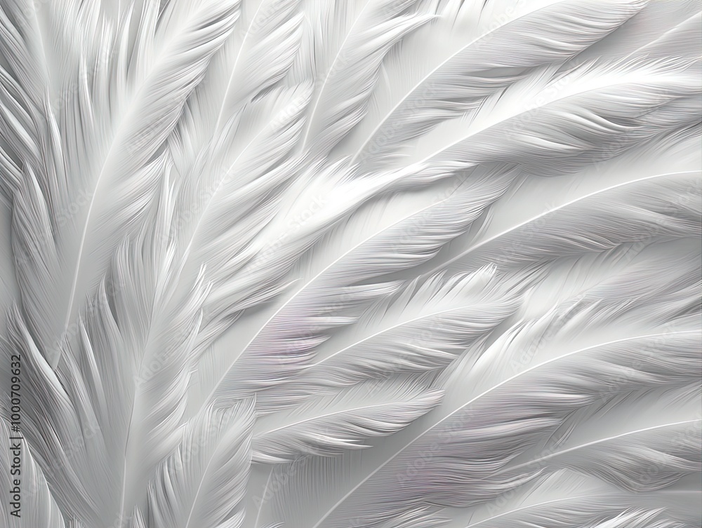 Fototapeta premium Elegant White Feather Arrangement: A Pristine Decorative Poster for Sporty Interiors, Showcasing Delicate Structure and Purity While Adding a Touch of Sophistication to Your Space.