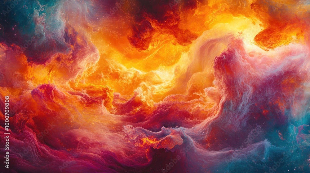 Obraz premium Vibrant cosmic nebula with fiery colors and swirling clouds