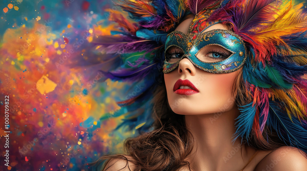 A beautiful woman wearing a colorful feathered masquerade mask, with a paint splash background A beautiful woman wearing a colorful feathered masquerade mask, with a paint splash background