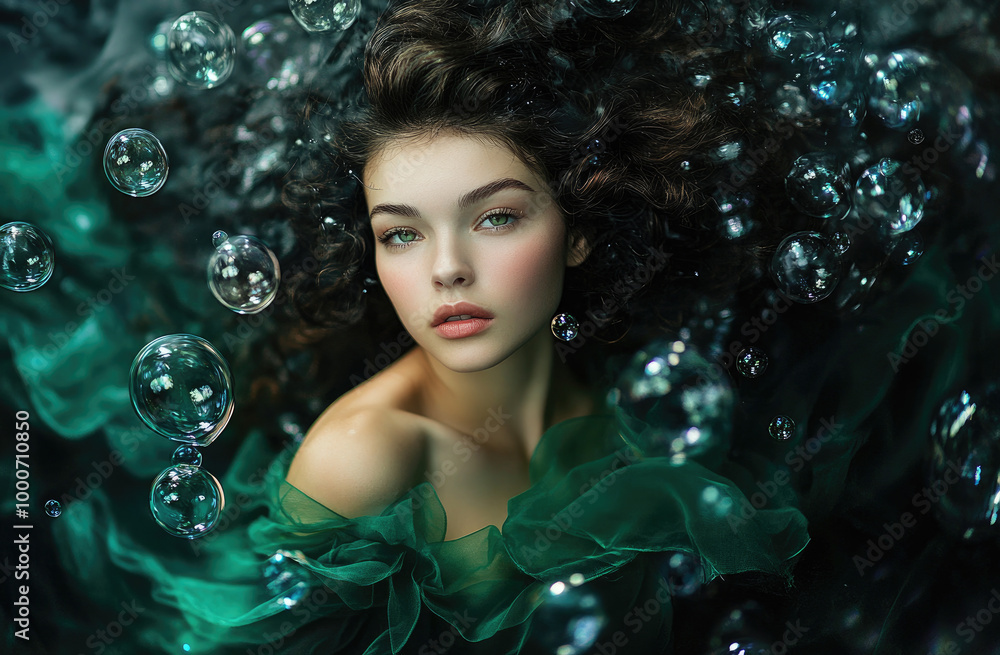 A fashion model in an emerald green dress, surrounded by bubbles and underwater A fashion model in an emerald green dress, surrounded by bubbles and underwater
