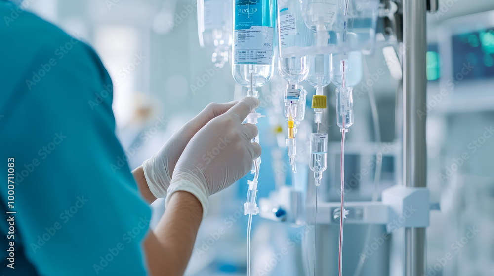 Φωτογραφία A healthcare professional in scrubs adjusts an IV drip, showcasing importance of patient care in medical setting