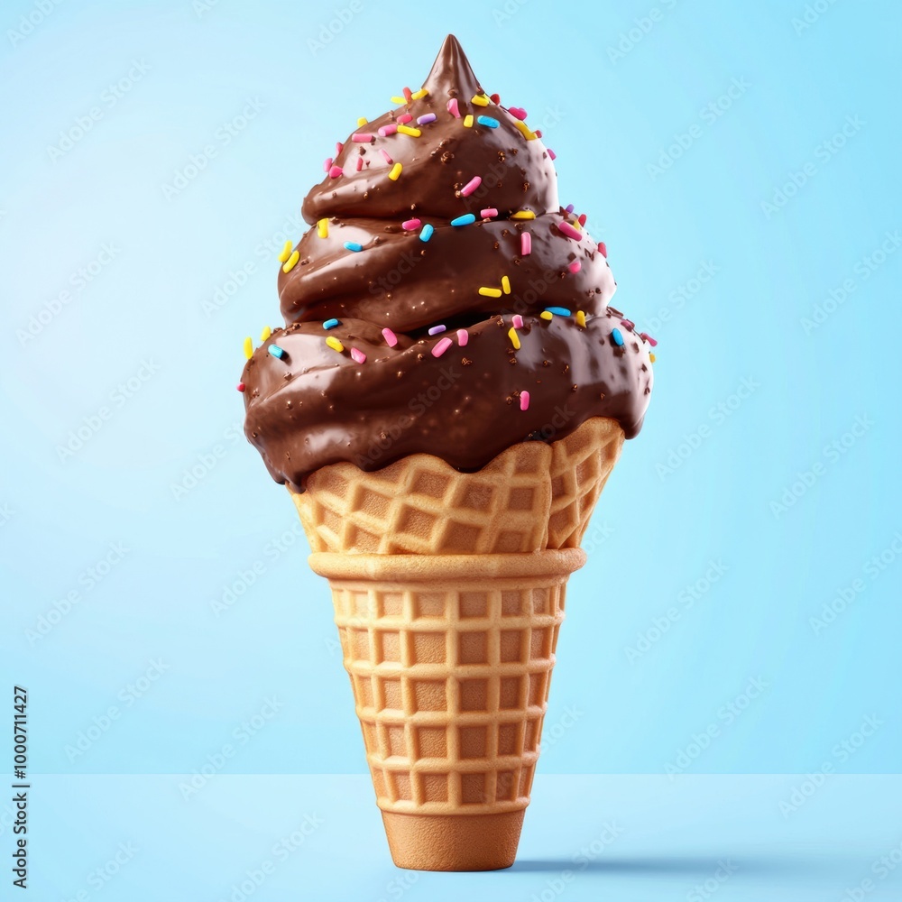 A delicious chocolate soft serve ice cream topped with colorful sprinkles, served in a crispy waffle cone against a light blue background. A delicious chocolate soft serve ice cream topped with colorful sprinkles, served in a crispy waffle cone against a light blue background.
