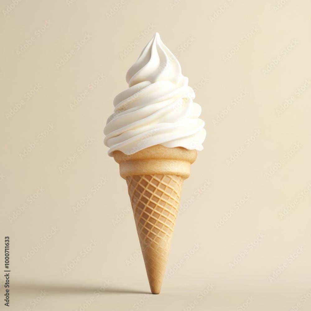 A creamy swirl of soft serve ice cream atop a crispy cone, set against a minimalistic beige background.