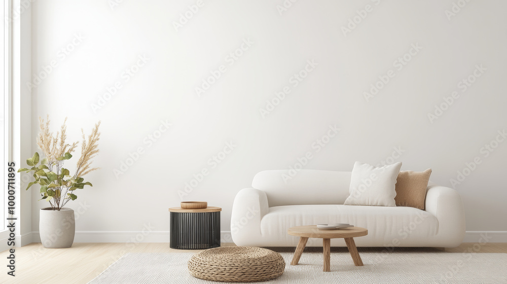 A modern living room featuring cozy white sofa, wooden coffee table, and decorative plants. minimalist design creates serene and inviting atmosphere A modern living room featuring cozy white sofa, wooden coffee table, and decorative plants. minimalist design creates serene and inviting atmosphere