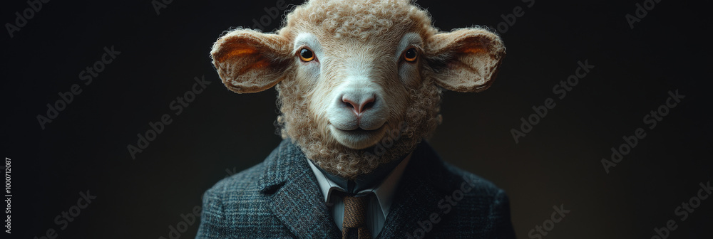 A sheep in a suit looks directly at the camera with a serious expression. A sheep in a suit looks directly at the camera with a serious expression.