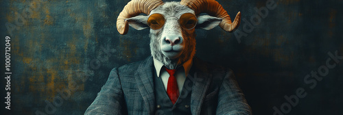 A man with a ram's head wearing a suit and glasses.