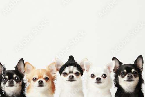 Group of adorable chihuahuas in a row with different fur colors and a unique hat