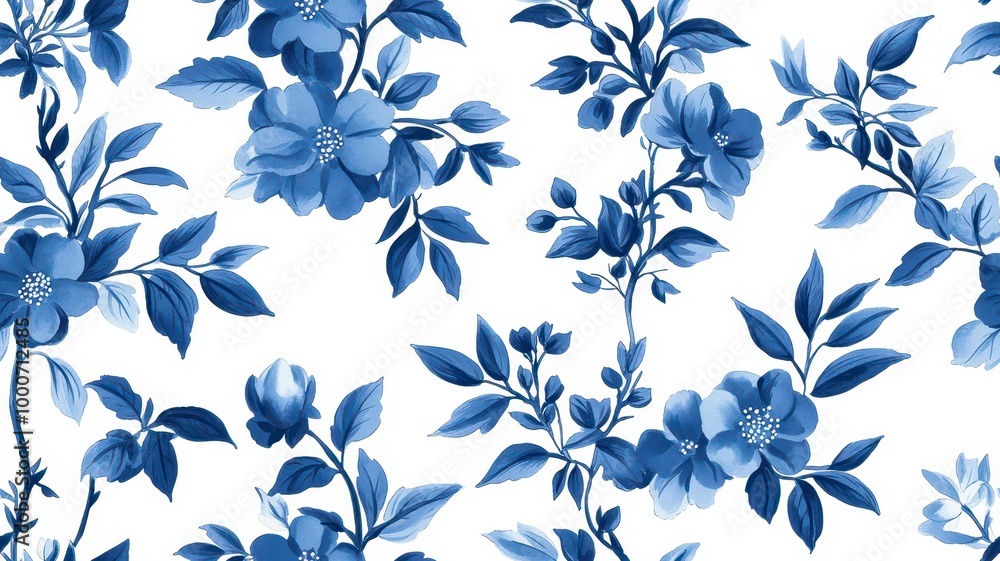 A delicate floral pattern featuring blue flowers and green leaves against a white background, creating an elegant and fresh aesthetic. A delicate floral pattern featuring blue flowers and green leaves against a white background, creating an elegant and fresh aesthetic.