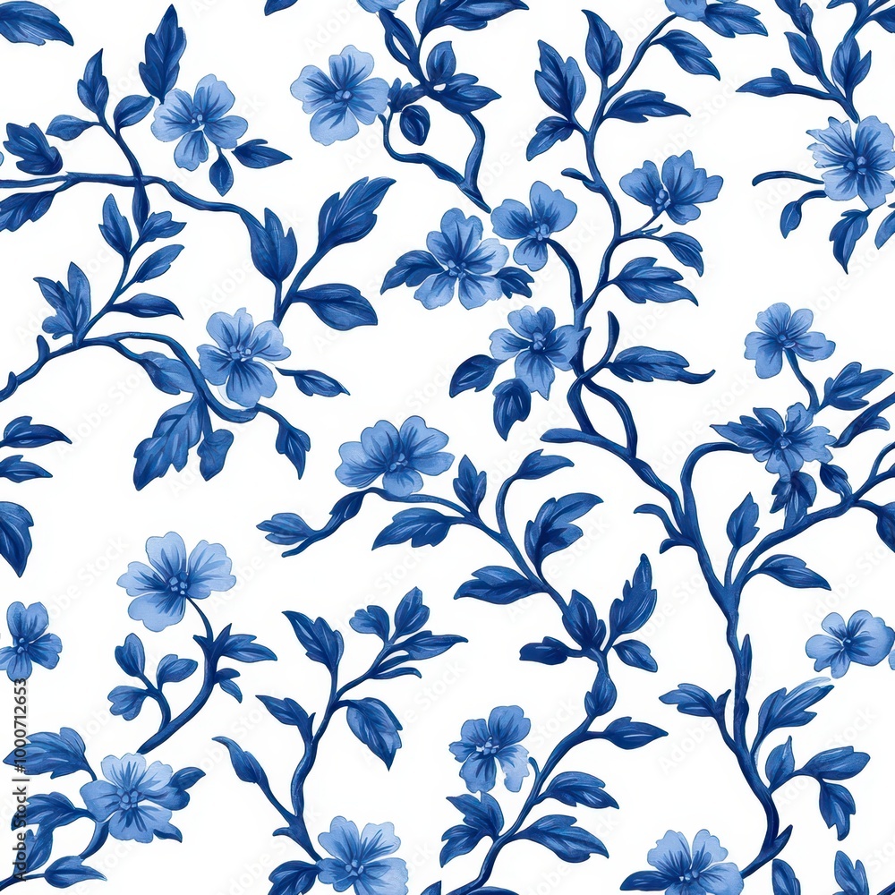 Fototapeta premium Elegant floral design in blue hues on a white background, featuring intertwining vines and blooming flowers.