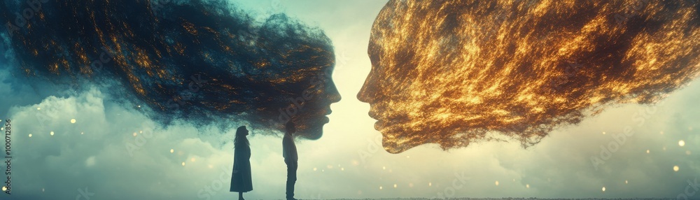 Ethereal Connection Between Two Silhouetted Figures Ethereal Connection Between Two Silhouetted Figures
