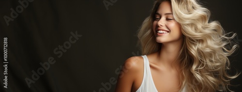 Woman with blond hair smiling on gray background