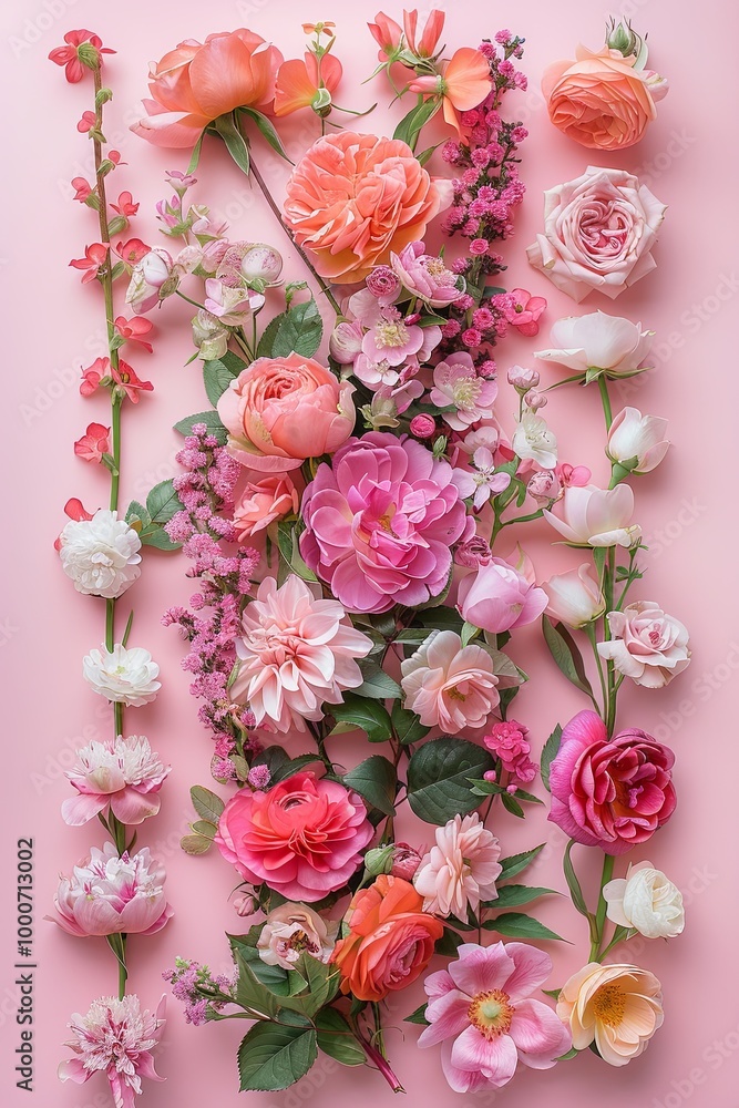 Elegant botanical border with roses, peonies Elegant botanical border with roses, peonies