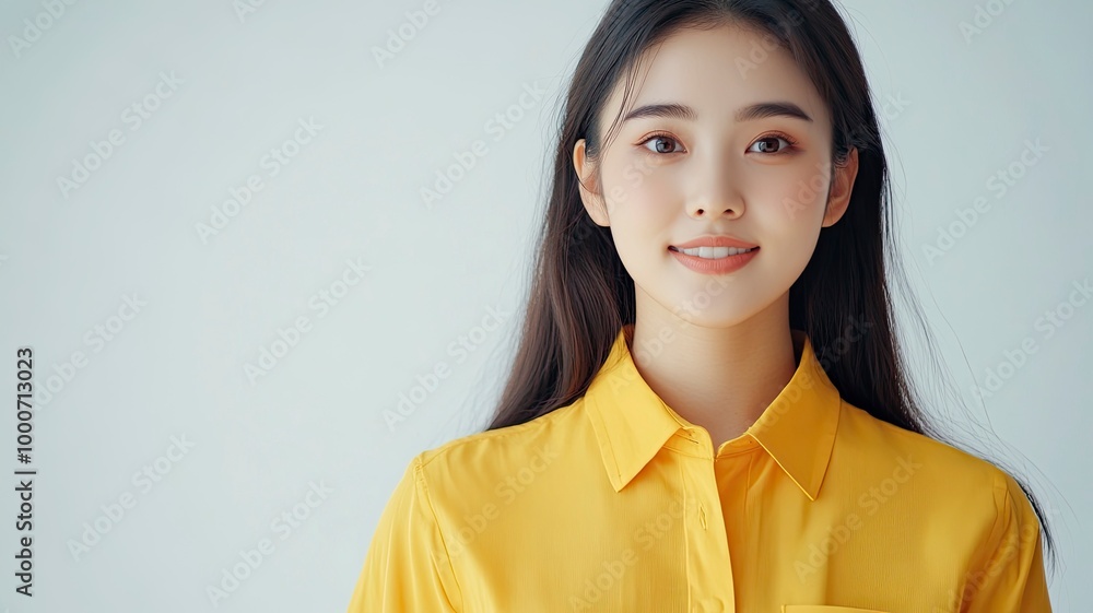 Cheerful beautiful Asian woman in a yellow shirt and stand on white background. generative ai Cheerful beautiful Asian woman in a yellow shirt and stand on white background. generative ai