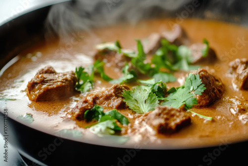 Savory beef curry simmering with fresh cilantro in a steaming pan