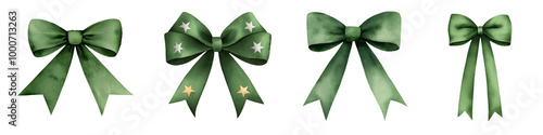 Elegant green bows in various styles, perfect for gift wrapping or decoration. Each bow features unique designs, adding charm and sophistication to any occasion