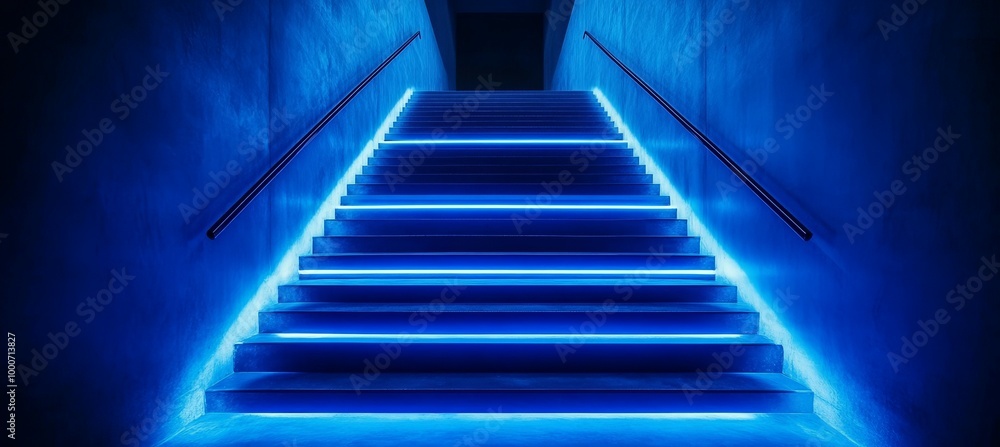 Glowing blue light stair with dark ambient. Generative AI technology.
Glowing blue light stair with dark ambient. Generative AI technology.