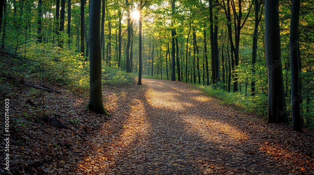 Obraz premium A sunlit path winds through a lush green forest, with tall trees casting long shadows on the ground.