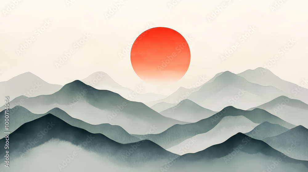 Fototapeta premium Serene mountain landscape with sunrise over misty peaks in watercolor style