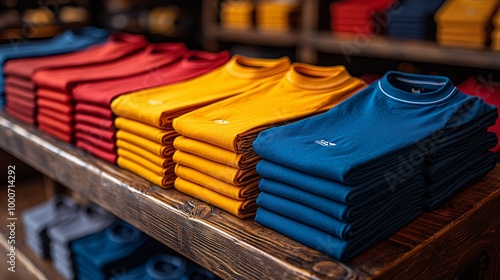 A range of sporty t-shirts in various bold colors, with subtle design elements like stripes and textures