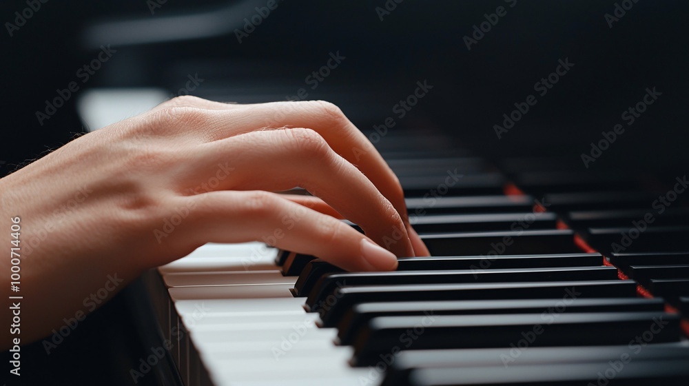 Obraz premium Hand playing piano keys in close-up view