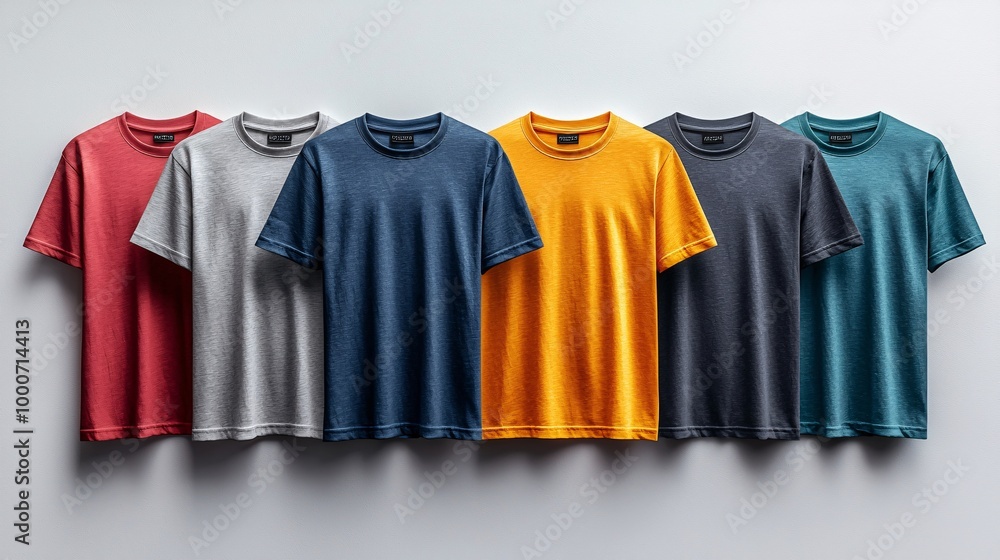 A clean, modern arrangement of t-shirts, each in different solid colors, featuring flat vector illustrations A clean, modern arrangement of t-shirts, each in different solid colors, featuring flat vector illustrations