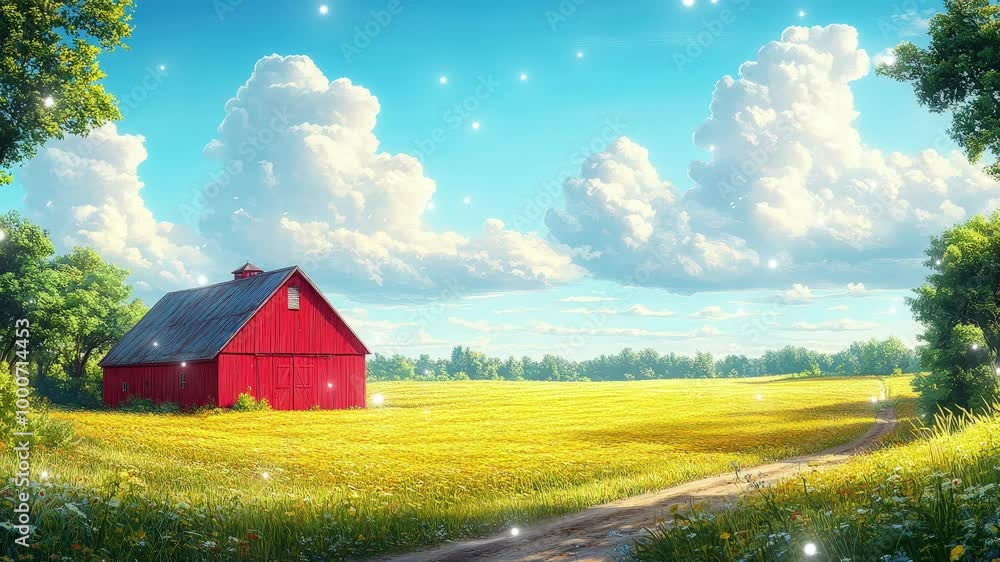 A serene summer day at a charming red barn surrounded by golden fields and fluffy clouds near a tranquil countryside path A serene summer day at a charming red barn surrounded by golden fields and fluffy clouds near a tranquil countryside path