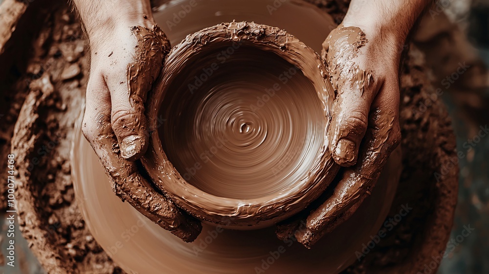 Hands shaping clay on a pottery wheel Hands shaping clay on a pottery wheel