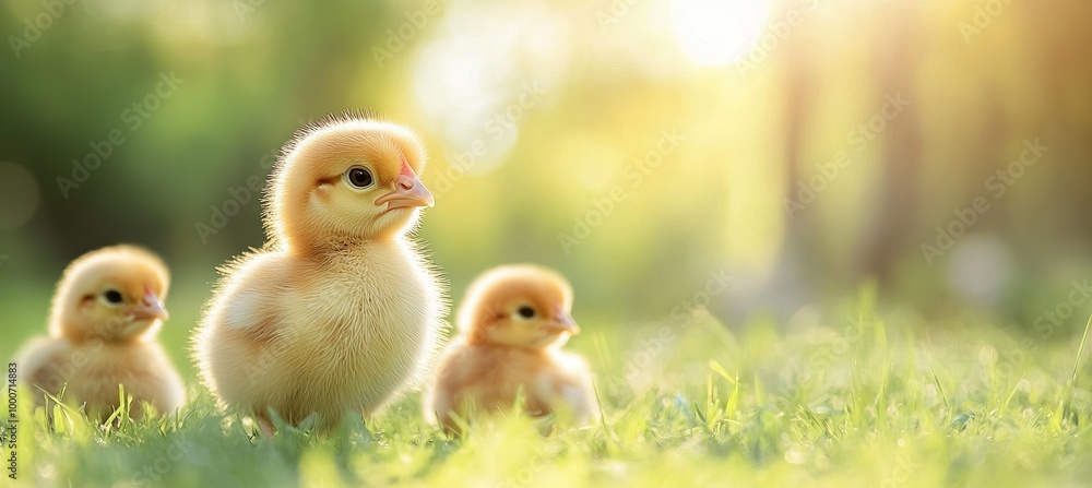 Chicken chick on grass with bokeh morning background. Poultry animal. Generative AI technology.
Chicken chick on grass with bokeh morning background. Poultry animal. Generative AI technology.