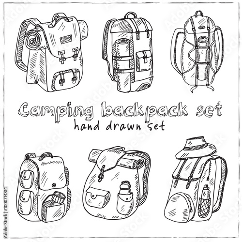 Camping backpack hand drawn doodle set. Vector illustration. Isolated elements on white background. Symbol collection.