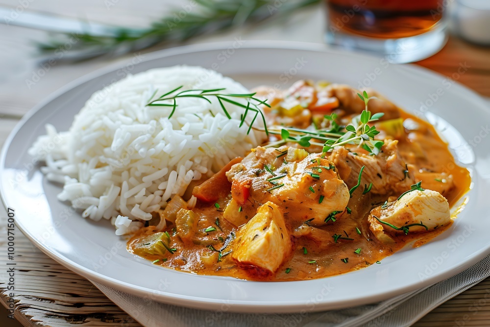 Chicken curry with rice and vegetables on wooden background. Chicken curry with rice and vegetables on wooden background.