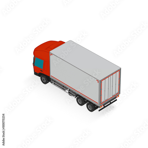 3D Isometric Cargo Truck Half Tone Vector Illustration Modern RedCabine and White Van Intercity Delivery Vehicle 6x4Design for Logistics Transport Presentation Social Media Video Promo Back Left photo