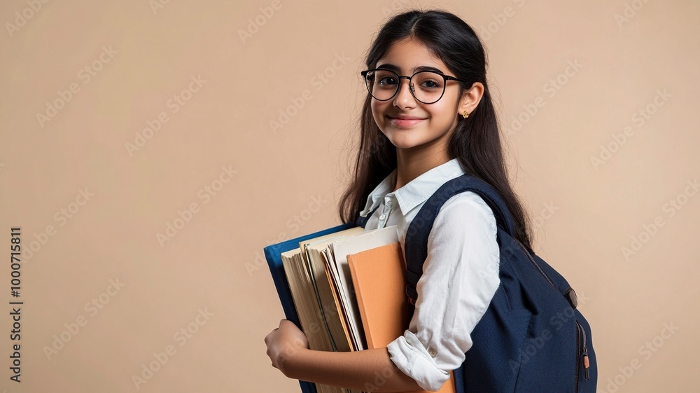 Happy Indian student schoolgirl wearing school uniform holding books and bag standing isolated over beige background, generative ai Happy Indian student schoolgirl wearing school uniform holding books and bag standing isolated over beige background, generative ai