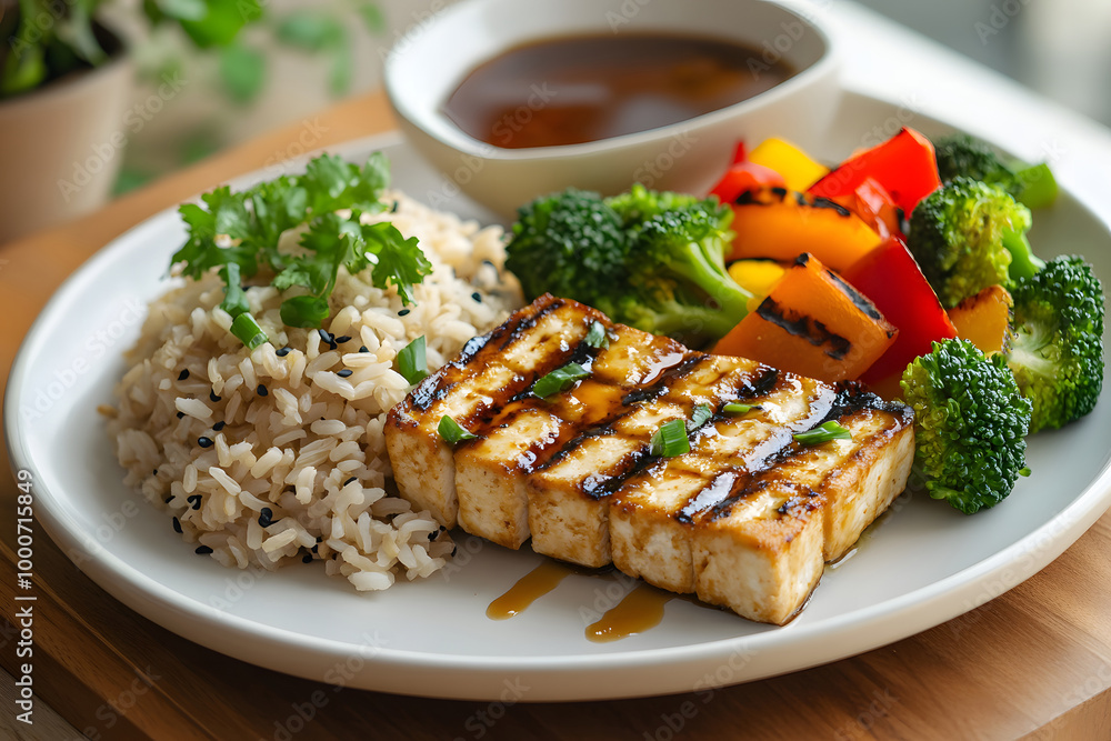 A mouthwatering plate of grilled tofu served A mouthwatering plate of grilled tofu served