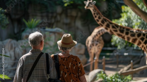 A photograph of two elderly people enjoying a sunny day at the zoo, watching the animals with delight. Ultra detailed