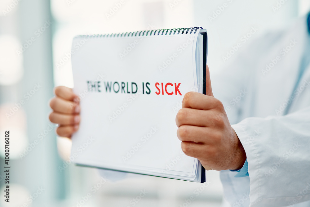 Person, doctor and hands with poster for pandemic, plague or global message of sick world at hospital. Closeup, medical professional or healthcare employee with sign, page or paper for corona virus Person, doctor and hands with poster for pandemic, plague or global message of sick world at hospital. Closeup, medical professional or healthcare employee with sign, page or paper for corona virus