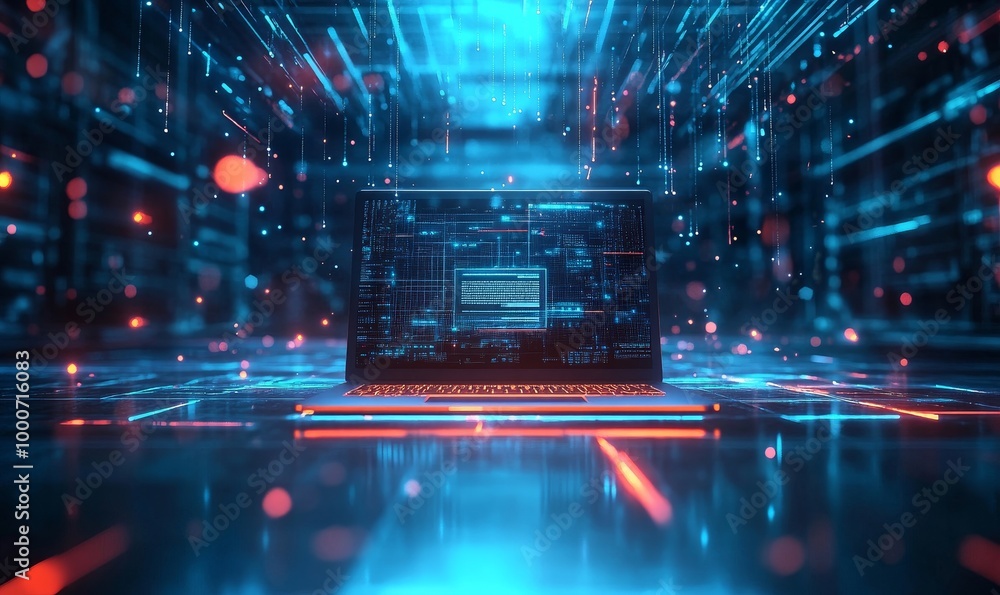 Obraz premium Immersive visual showcasing online insurance services through holographic displays above a laptop, symbolizing the seamless digital integration of securing coverage, Generative AI
