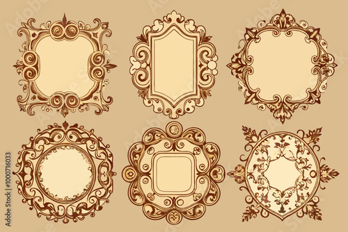 A Set of 6 Vector illustration of modern vintage frames and borders on seamless pattern Line art illustration 