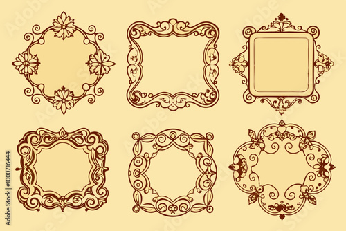 A Set of 6 Vector illustration of modern vintage frames and borders on seamless pattern Line art illustration  photo