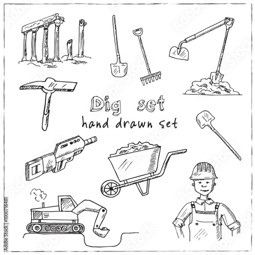 Wallpaper Mural Dig hand drawn doodle set. Vector illustration. Isolated elements on white background. Symbol collection. Torontodigital.ca