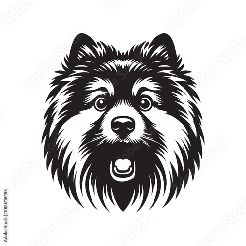 Keeshond Dog Face Clipart Design - Dog Face Logo - Keeshond Vector illustration in black and white