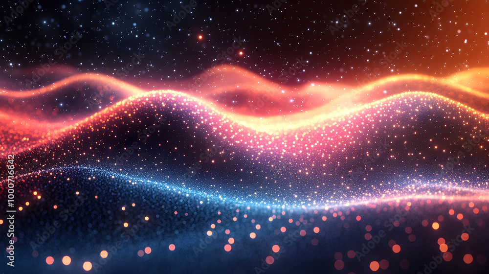 A mesmerizing abstract image featuring a flowing wave of glowing particles in vibrant orange, pink, and blue hues against a dark background. The image evokes a sense of motion and energy A mesmerizing abstract image featuring a flowing wave of glowing particles in vibrant orange, pink, and blue hues against a dark background. The image evokes a sense of motion and energy