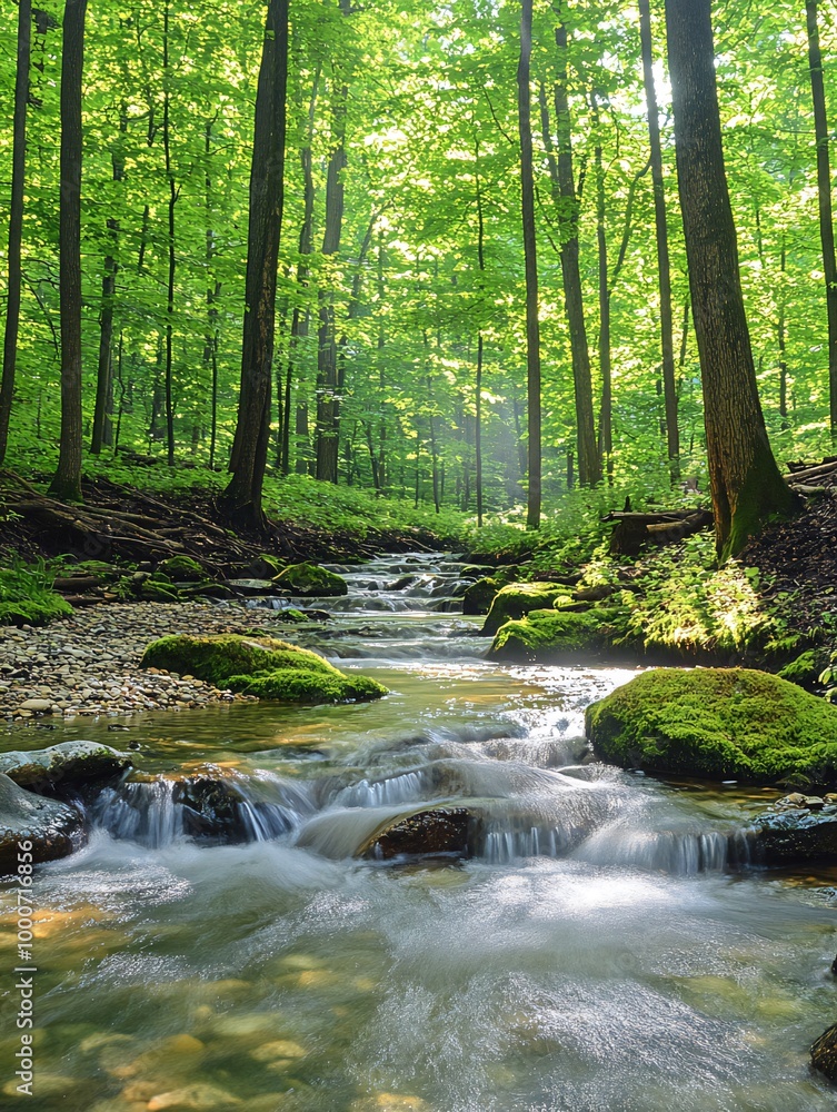 A tranquil stream flows through a lush green forest, sunlight filtering through the canopy. A tranquil stream flows through a lush green forest, sunlight filtering through the canopy.